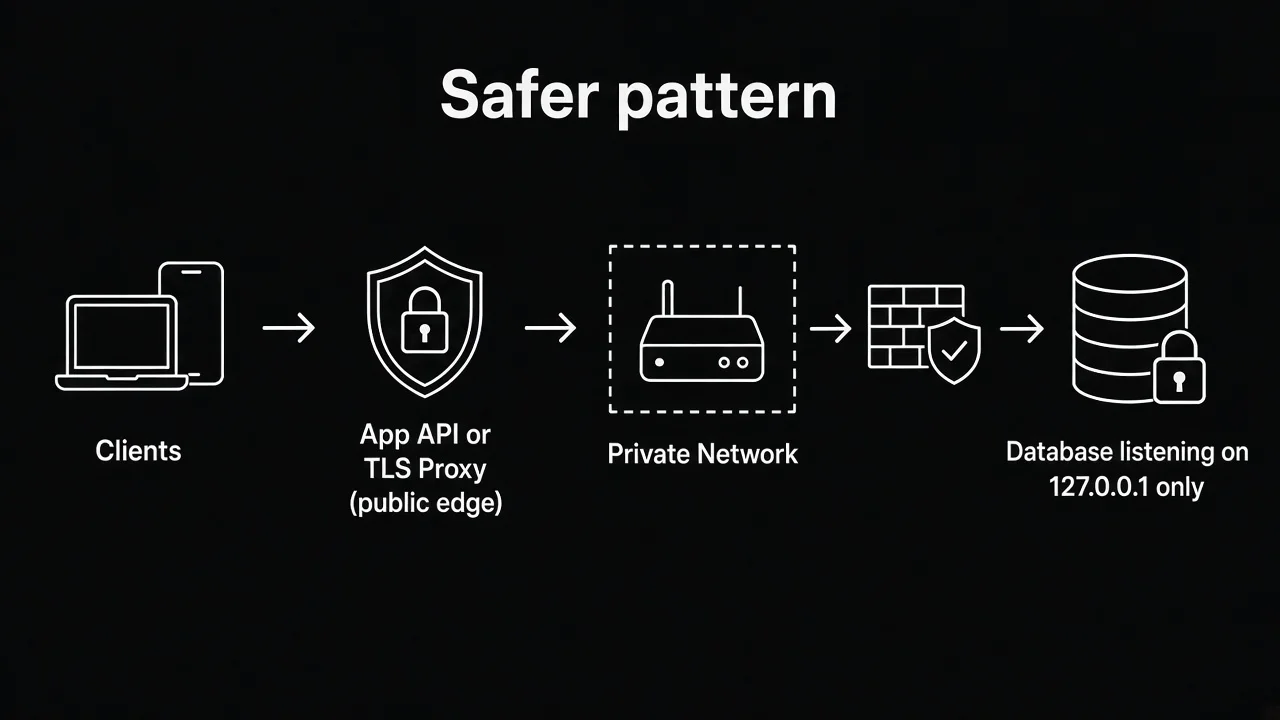 Safer pattern: clients reach an API or TLS proxy, then a private path to a localhost-only database